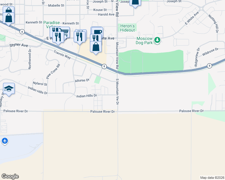 map of restaurants, bars, coffee shops, grocery stores, and more near 1848 South Mountain View Road in Moscow
