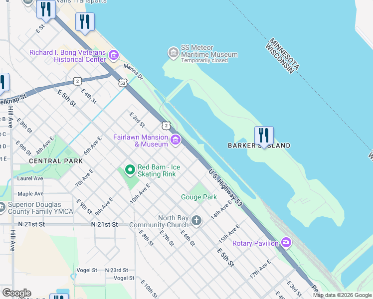 map of restaurants, bars, coffee shops, grocery stores, and more near 1001 East 3rd Street in Superior