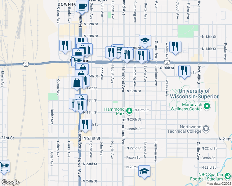 map of restaurants, bars, coffee shops, grocery stores, and more near 1719 Hammond Avenue in Superior