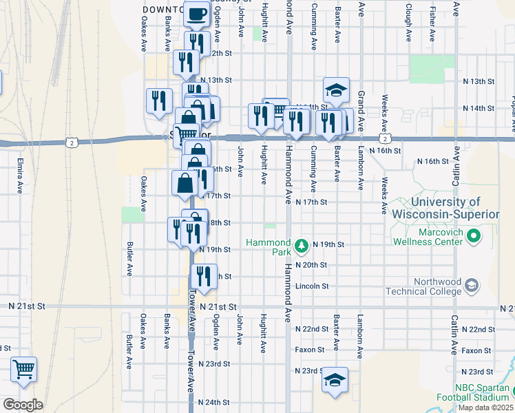 map of restaurants, bars, coffee shops, grocery stores, and more near 1717 Hughitt Avenue in Superior