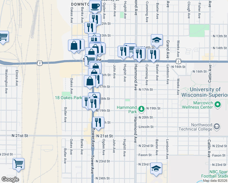 map of restaurants, bars, coffee shops, grocery stores, and more near in Superior