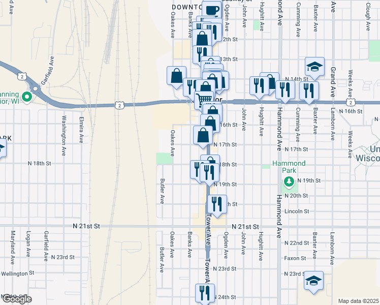 map of restaurants, bars, coffee shops, grocery stores, and more near 1715 Banks Avenue in Superior