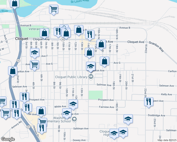 map of restaurants, bars, coffee shops, grocery stores, and more near 302 14th Street in Cloquet