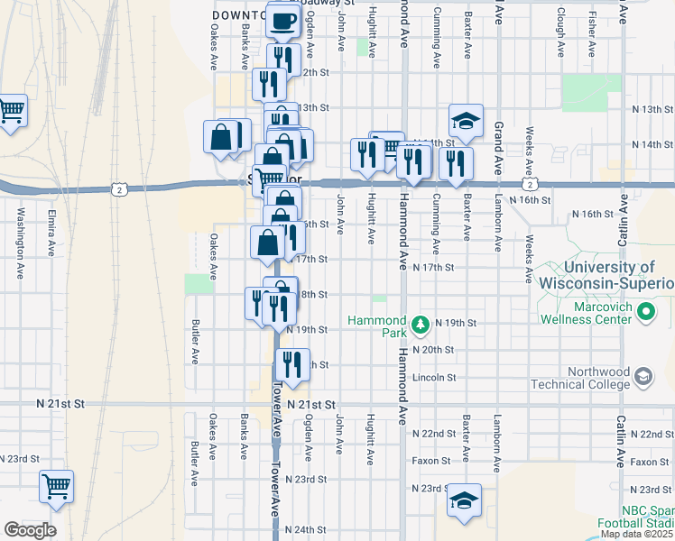 map of restaurants, bars, coffee shops, grocery stores, and more near in Superior