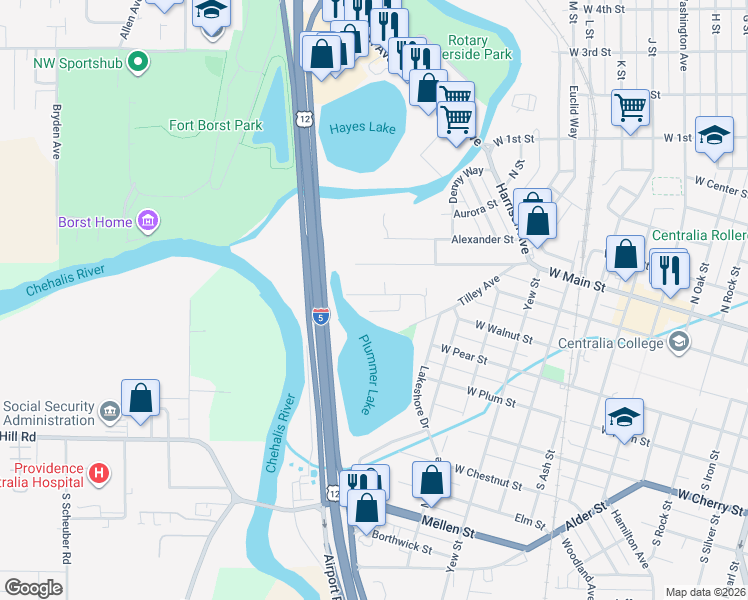 map of restaurants, bars, coffee shops, grocery stores, and more near 1510 Lewis Street in Centralia