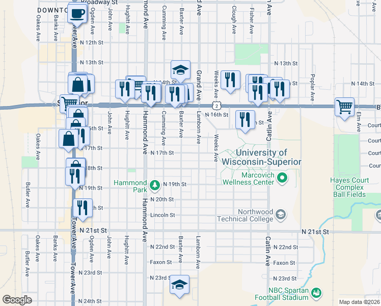 map of restaurants, bars, coffee shops, grocery stores, and more near 1111 North 17th Street in Superior
