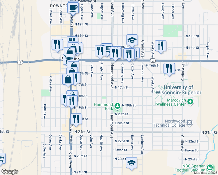 map of restaurants, bars, coffee shops, grocery stores, and more near 1719 Hammond Avenue in Superior