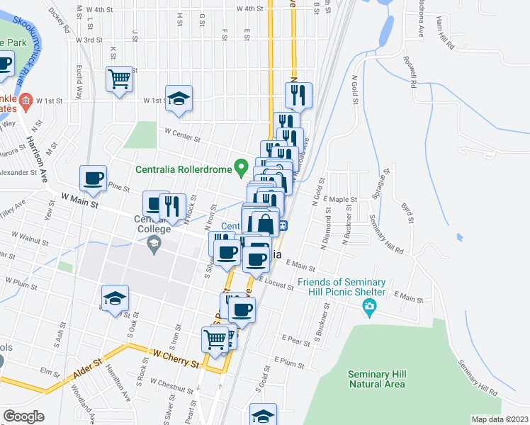 map of restaurants, bars, coffee shops, grocery stores, and more near 217 North Tower Avenue in Centralia