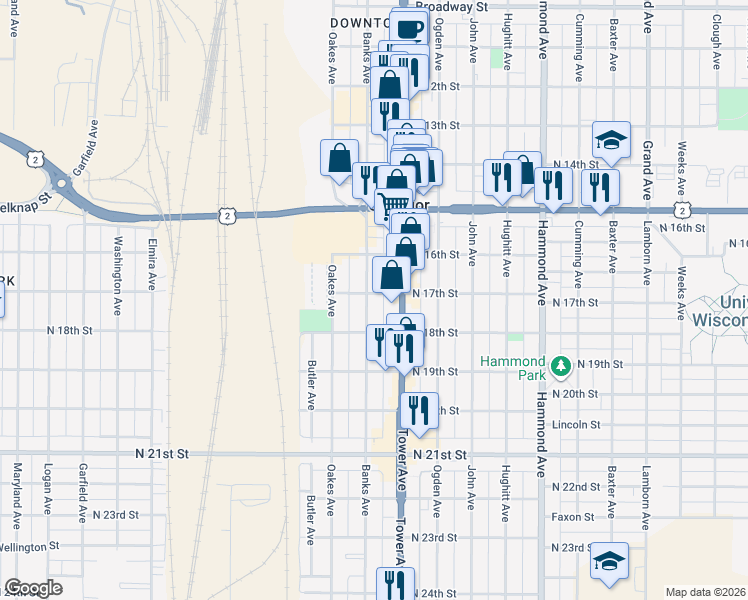 map of restaurants, bars, coffee shops, grocery stores, and more near 1702 Banks Avenue in Superior