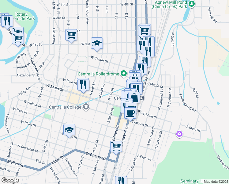 map of restaurants, bars, coffee shops, grocery stores, and more near 302 West Pine Street in Centralia