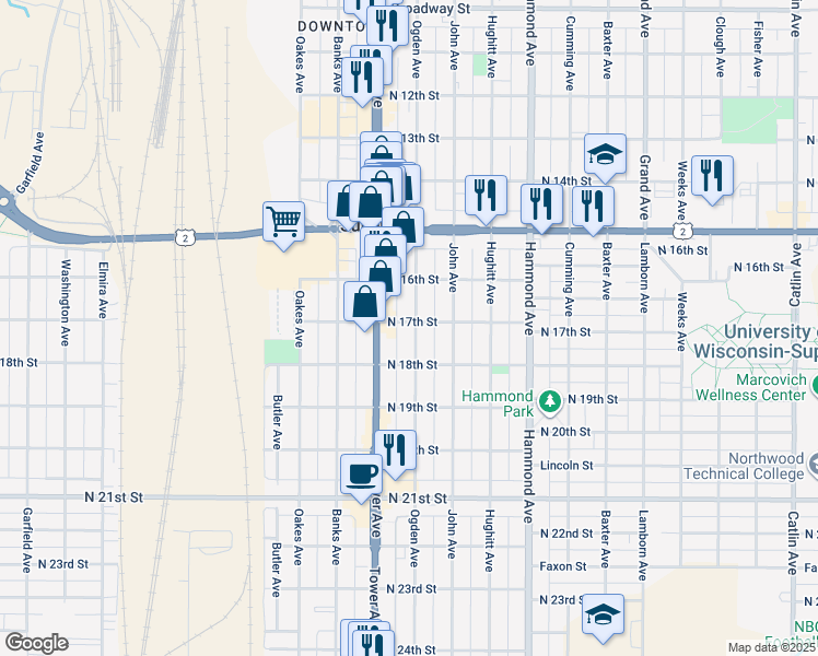 map of restaurants, bars, coffee shops, grocery stores, and more near 1717 Ogden Avenue in Superior