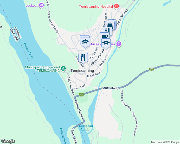 map of restaurants, bars, coffee shops, grocery stores, and more near 301 Chemin Kipawa in Témiscaming