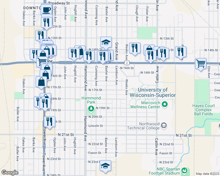 map of restaurants, bars, coffee shops, grocery stores, and more near 1108 North 17th Street in Superior