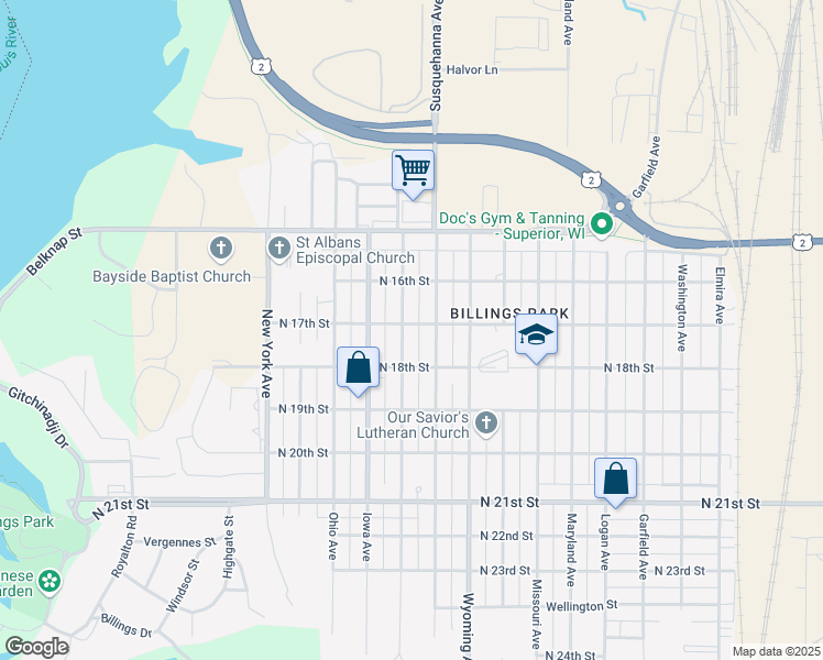 map of restaurants, bars, coffee shops, grocery stores, and more near 1720 Lackawanna Avenue in Superior