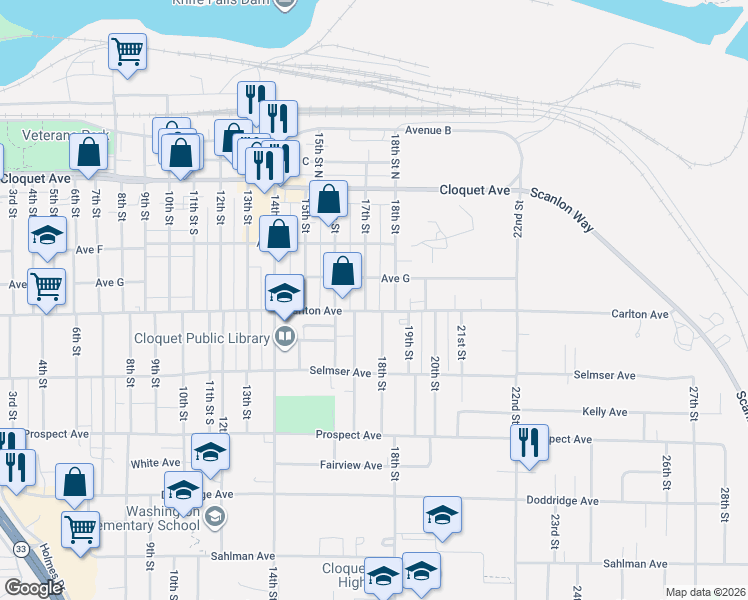 map of restaurants, bars, coffee shops, grocery stores, and more near 134 Jay Cooke Road in Esko