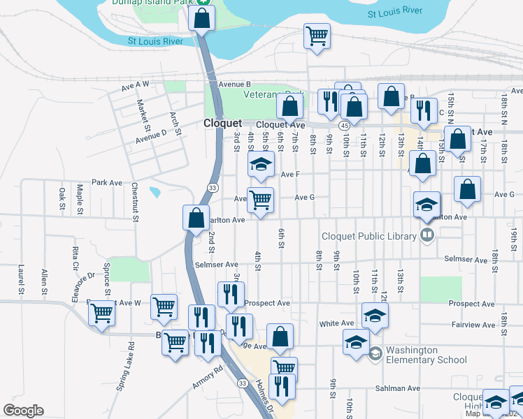 map of restaurants, bars, coffee shops, grocery stores, and more near 443 Carlton Avenue in Cloquet