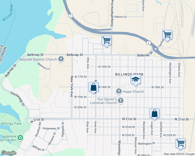map of restaurants, bars, coffee shops, grocery stores, and more near 1722 Iowa Avenue in Superior