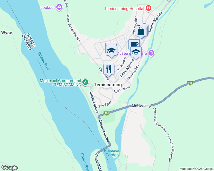 map of restaurants, bars, coffee shops, grocery stores, and more near 36 Rue Thorne in Tã©Miscaming