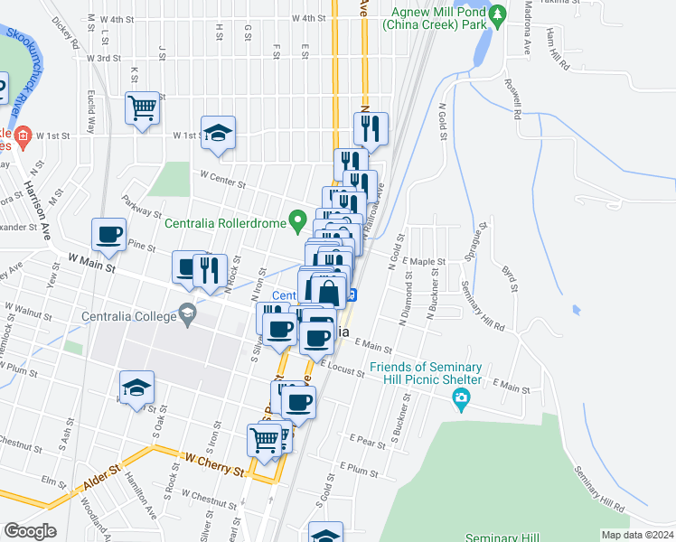 map of restaurants, bars, coffee shops, grocery stores, and more near 2 West Magnolia Street in Centralia