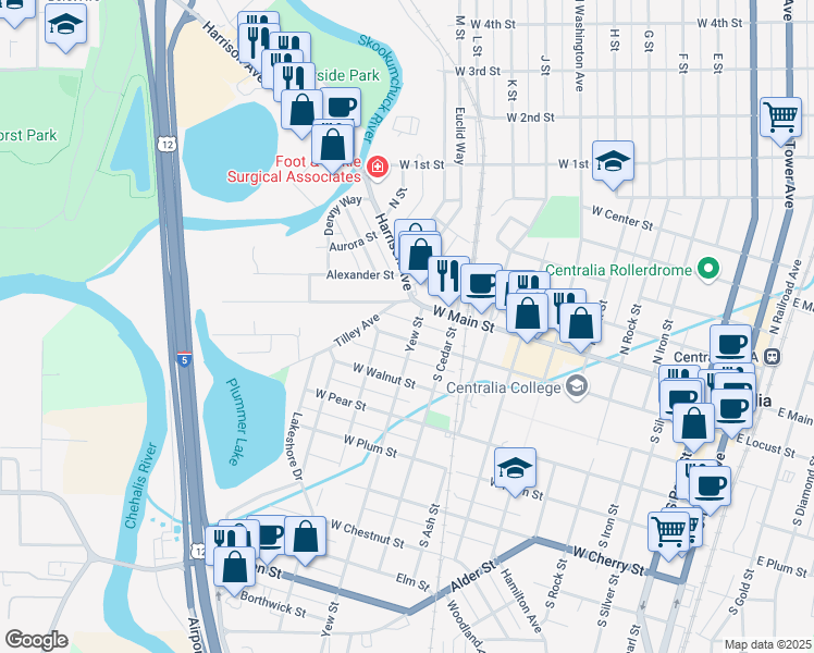 map of restaurants, bars, coffee shops, grocery stores, and more near 206 Yew Street in Centralia
