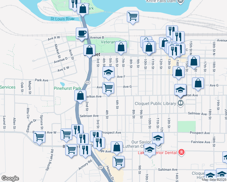 map of restaurants, bars, coffee shops, grocery stores, and more near 508 Carlton Avenue in Cloquet