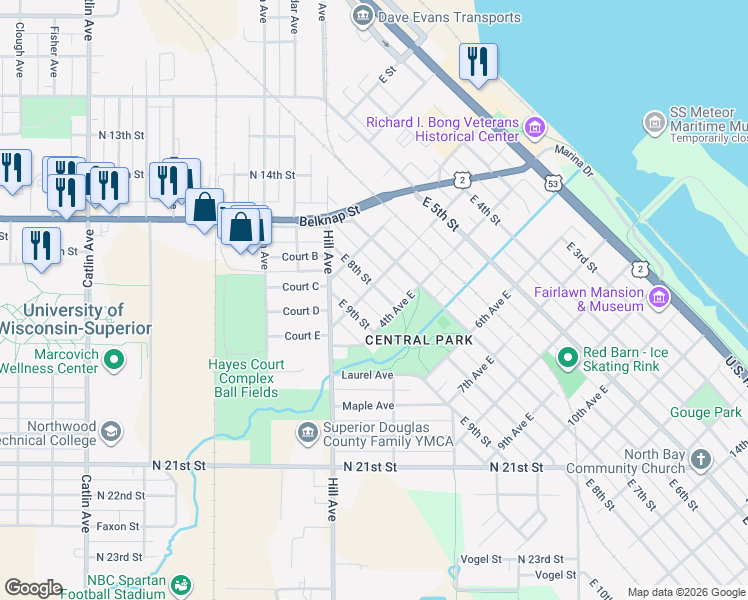 map of restaurants, bars, coffee shops, grocery stores, and more near 306 East 9th Street in Superior