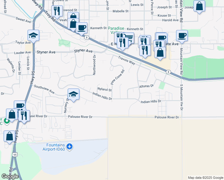 map of restaurants, bars, coffee shops, grocery stores, and more near 1699 Pine Cone Rd in Moscow