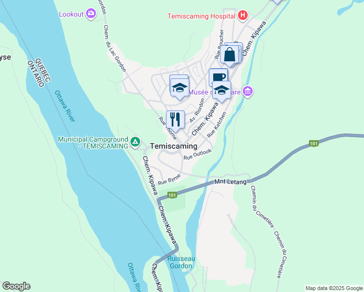map of restaurants, bars, coffee shops, grocery stores, and more near 301 Chemin Kipawa in Témiscaming