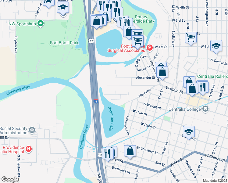 map of restaurants, bars, coffee shops, grocery stores, and more near 1505 Lewis Street in Centralia