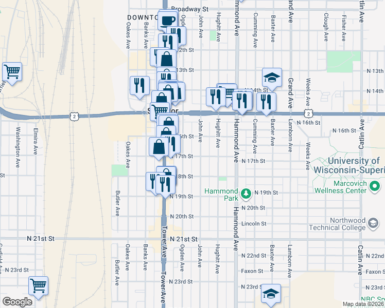 map of restaurants, bars, coffee shops, grocery stores, and more near 1611 North 17th Street in Superior