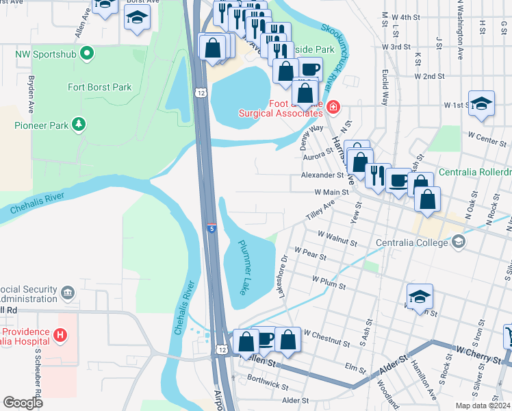 map of restaurants, bars, coffee shops, grocery stores, and more near 1317 West Main Street in Centralia