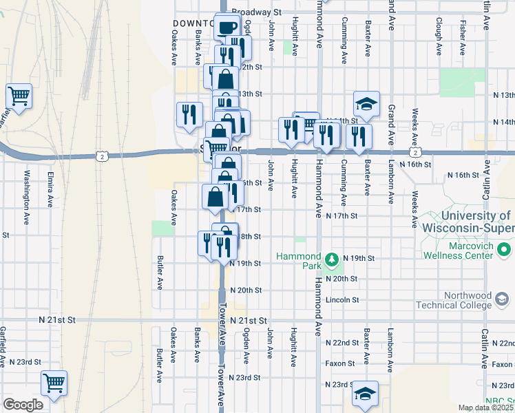 map of restaurants, bars, coffee shops, grocery stores, and more near 1609 John Avenue in Superior