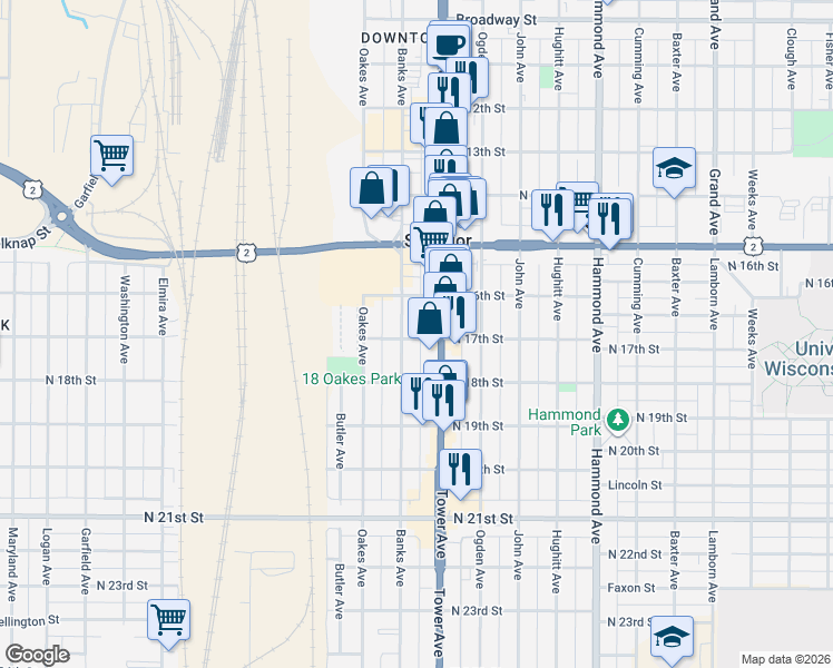 map of restaurants, bars, coffee shops, grocery stores, and more near 1601 Tower Avenue in Superior