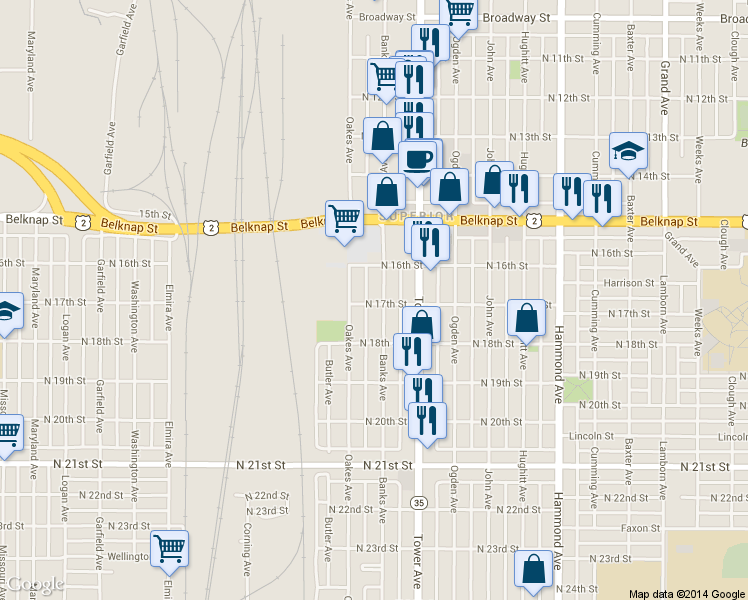 map of restaurants, bars, coffee shops, grocery stores, and more near 1609 Banks Avenue in Superior
