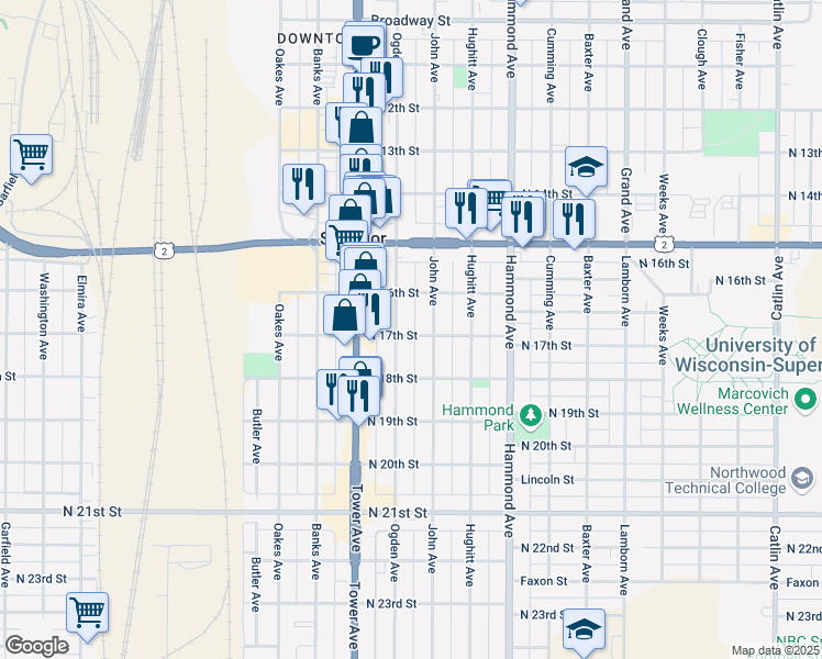 map of restaurants, bars, coffee shops, grocery stores, and more near 1609 John Avenue in Superior