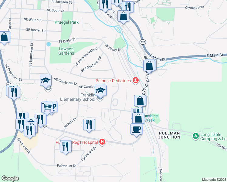 map of restaurants, bars, coffee shops, grocery stores, and more near 1120 Southeast Sandalwood Drive in Pullman