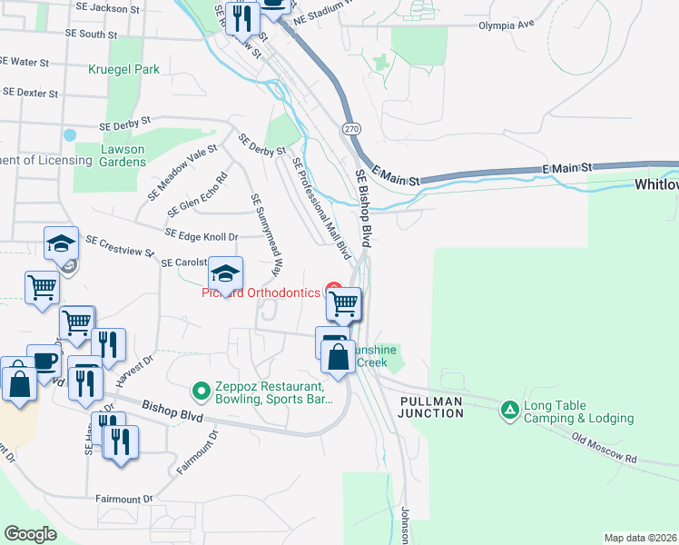 map of restaurants, bars, coffee shops, grocery stores, and more near 1205 Southeast Professional Mall Boulevard in Pullman