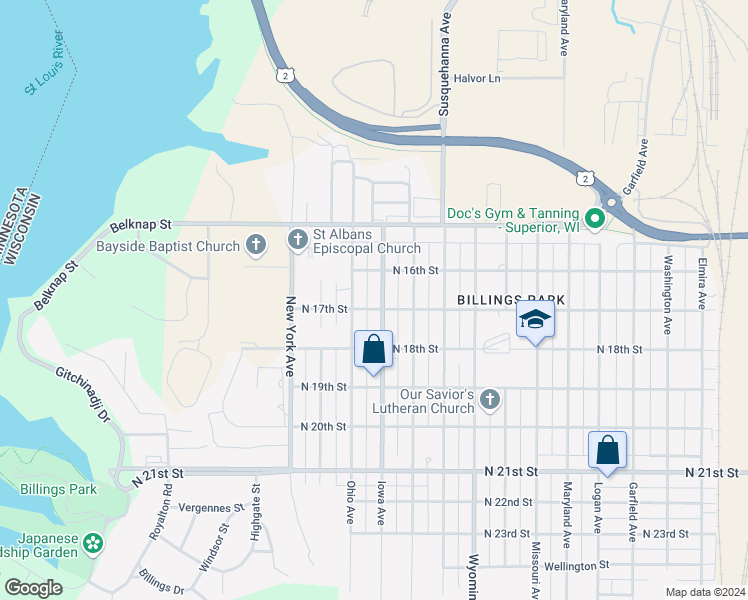 map of restaurants, bars, coffee shops, grocery stores, and more near 1623 Iowa Avenue in Superior