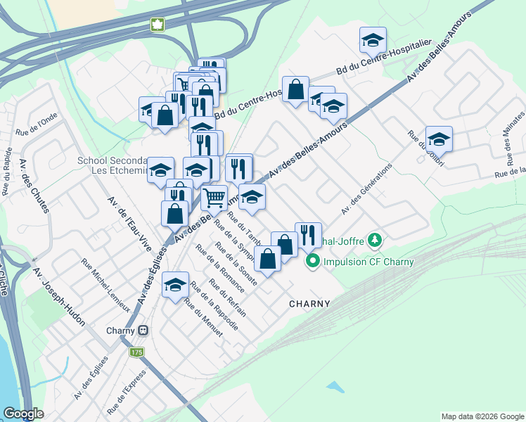 map of restaurants, bars, coffee shops, grocery stores, and more near 5510 Avenue du Maréchal-Joffre in Lévis