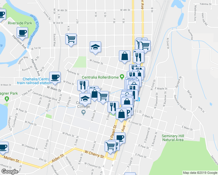 map of restaurants, bars, coffee shops, grocery stores, and more near 218 West Magnolia Street in Centralia