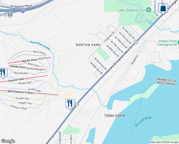map of restaurants, bars, coffee shops, grocery stores, and more near 410 North 85th Avenue West in Duluth