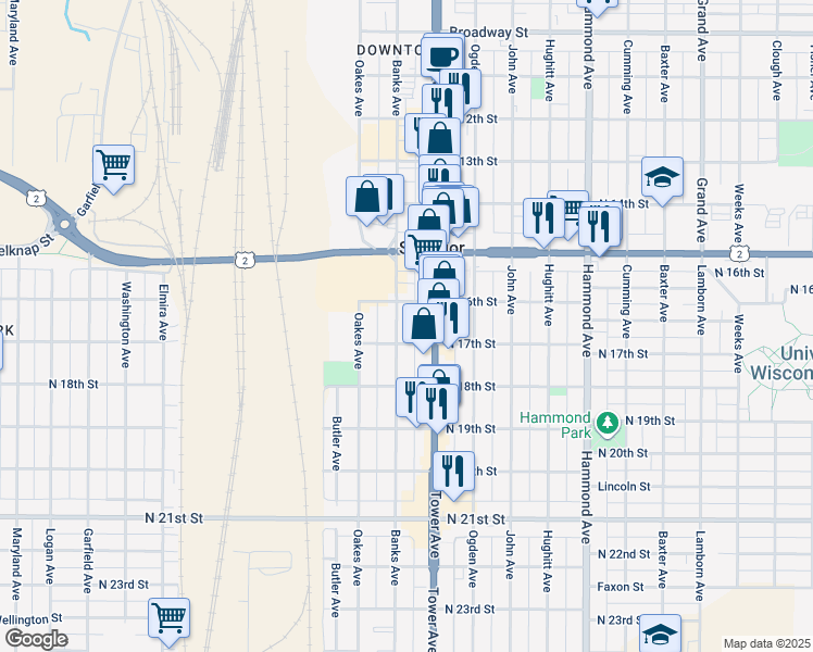 map of restaurants, bars, coffee shops, grocery stores, and more near 1618 Banks Avenue in Superior