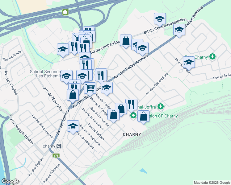 map of restaurants, bars, coffee shops, grocery stores, and more near 5499 Avenue du Maréchal-Joffre in Lévis