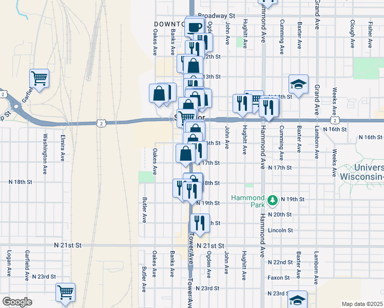 map of restaurants, bars, coffee shops, grocery stores, and more near 1601 Tower Avenue in Superior