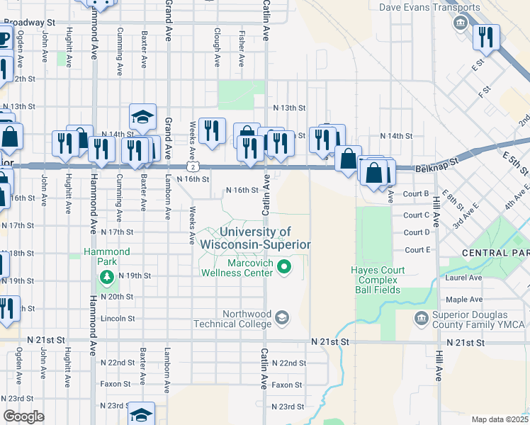 map of restaurants, bars, coffee shops, grocery stores, and more near 1605 Catlin Avenue in Superior