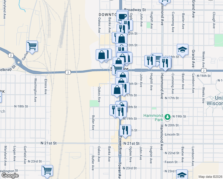 map of restaurants, bars, coffee shops, grocery stores, and more near 1616 Banks Avenue in Superior