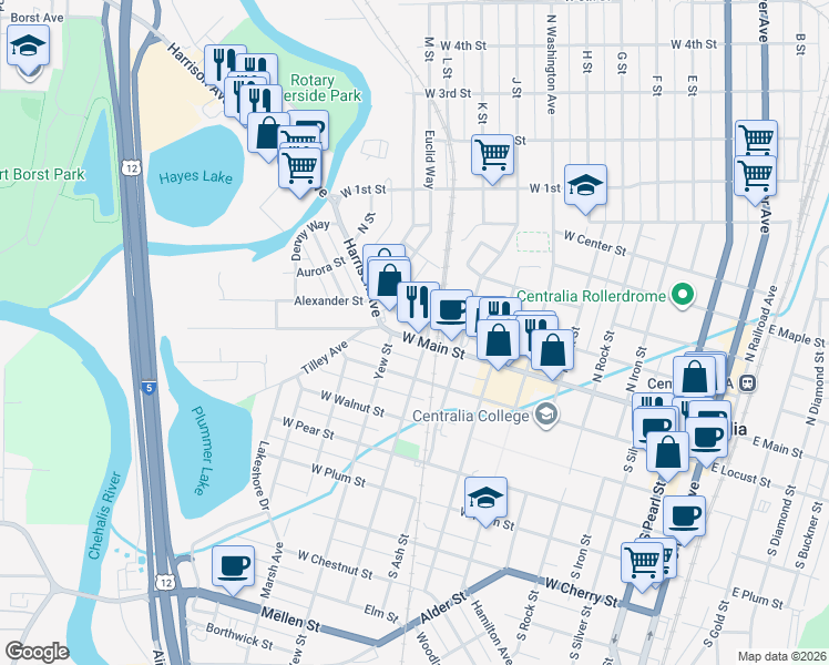 map of restaurants, bars, coffee shops, grocery stores, and more near 115 North Cedar Street in Centralia