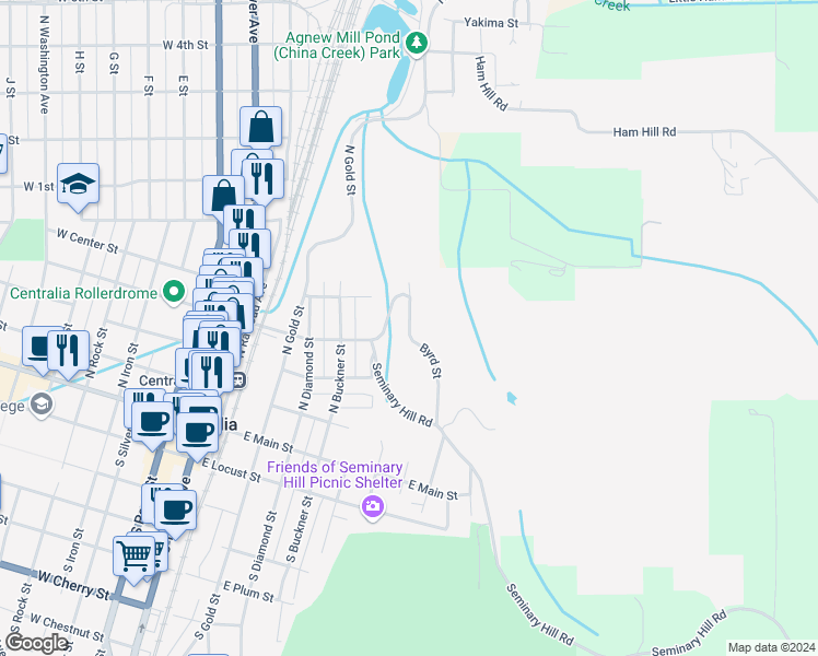 map of restaurants, bars, coffee shops, grocery stores, and more near 424 Byrd Street in Centralia