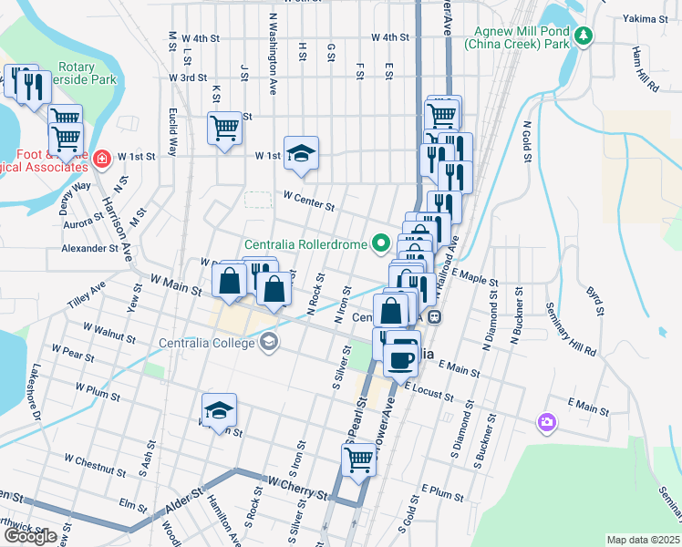 map of restaurants, bars, coffee shops, grocery stores, and more near 417 West Magnolia Street in Centralia