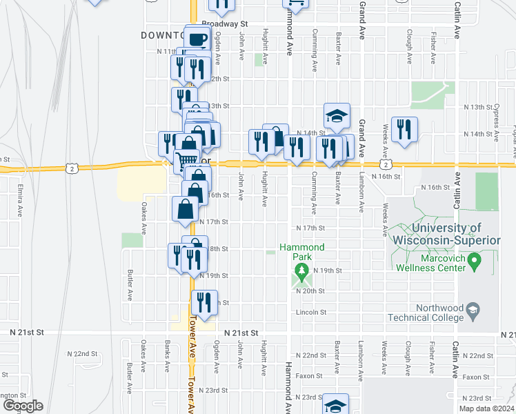 map of restaurants, bars, coffee shops, grocery stores, and more near 1512 North 16th Street in Superior